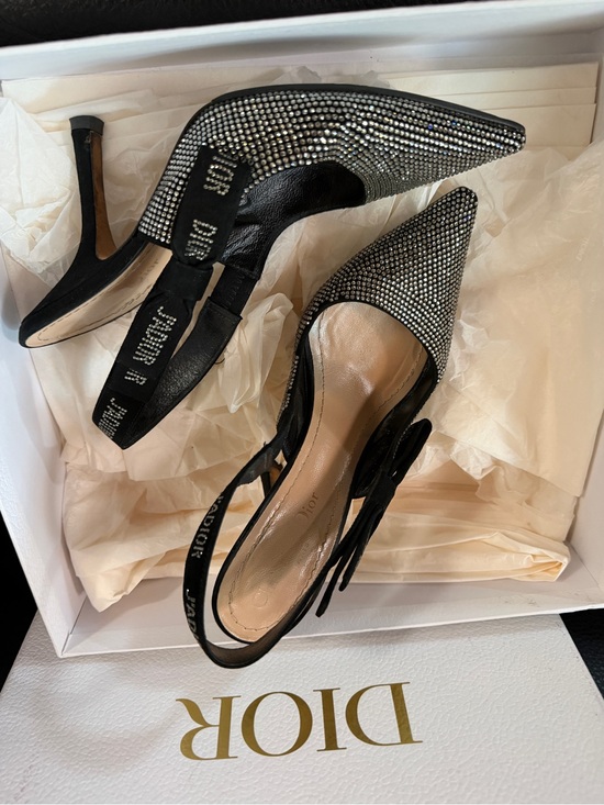 Dior Shoes - Dior Black Crystal Slingback Pumps with Logo Strap